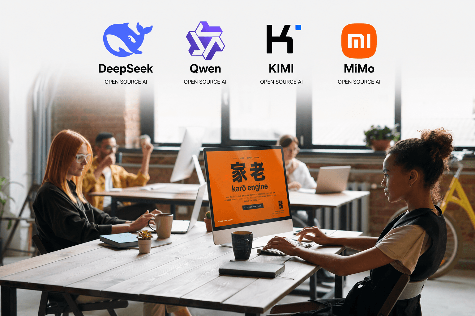 A modern studio team at work beneath the logos of open-source AI models DeepSeek, Qwen, KIMI, and MiMo.